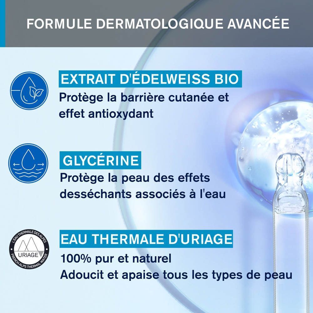 Texte: Extrait d'Edelweiss Bio, Glycérine, Eau Thermale d'Uriage. Logos et texte.