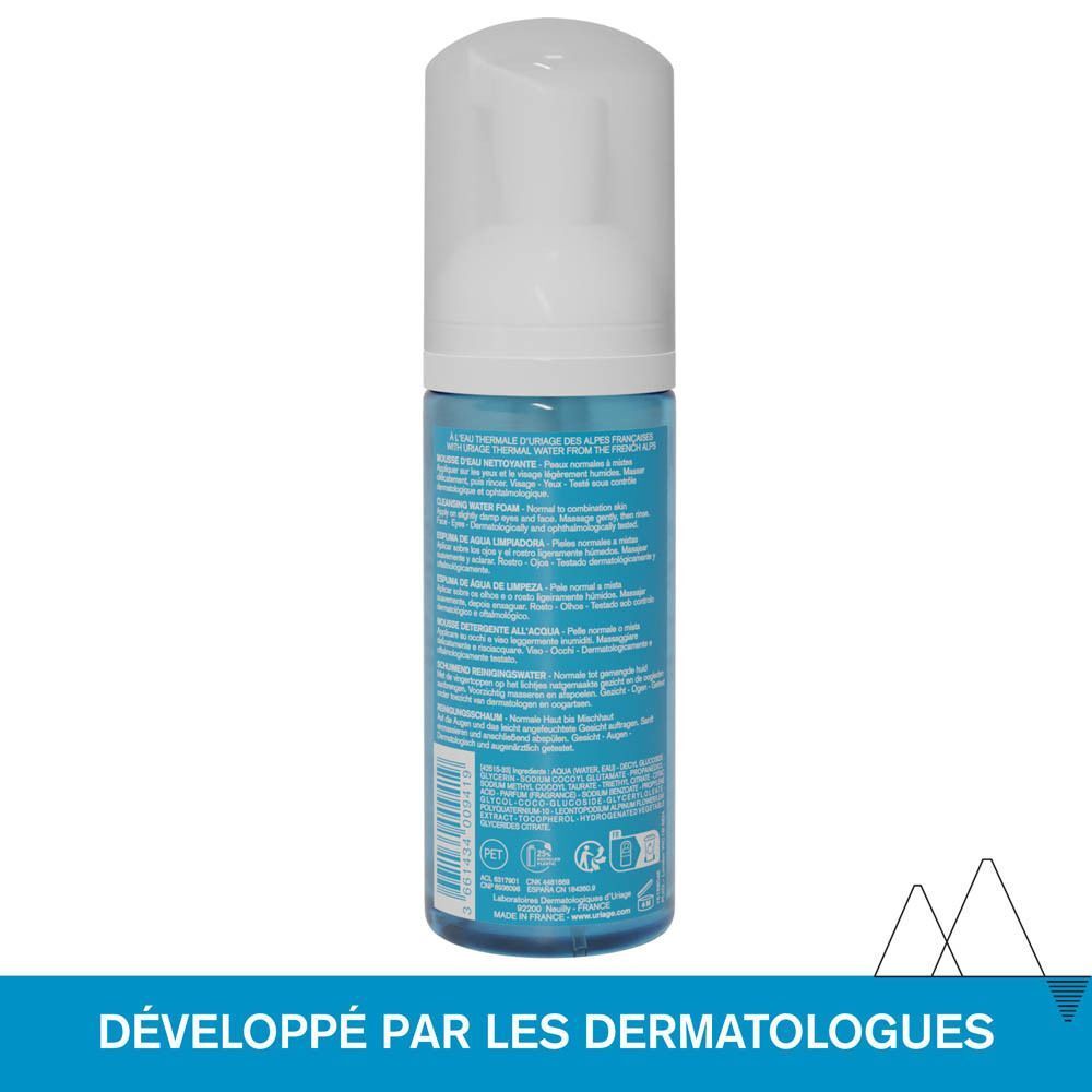 Dos du flacon de Mousse d'Eau Nettoyante Uriage. Texte et logos.