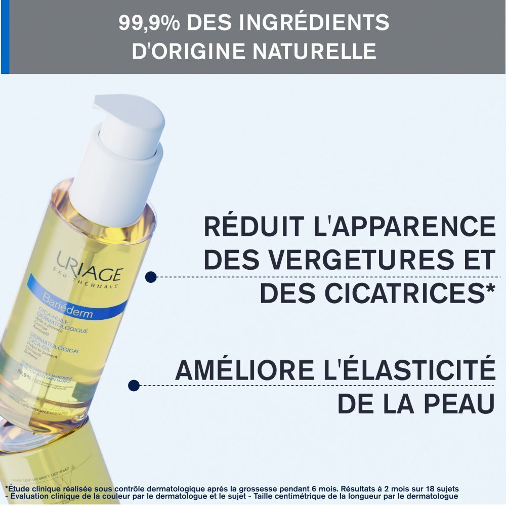 Gros plan sur une peau avec des gouttes. Texte: Absorption rapide & non gras, 99,9% d'ingrédients d'origine naturelle, Sans parfum.