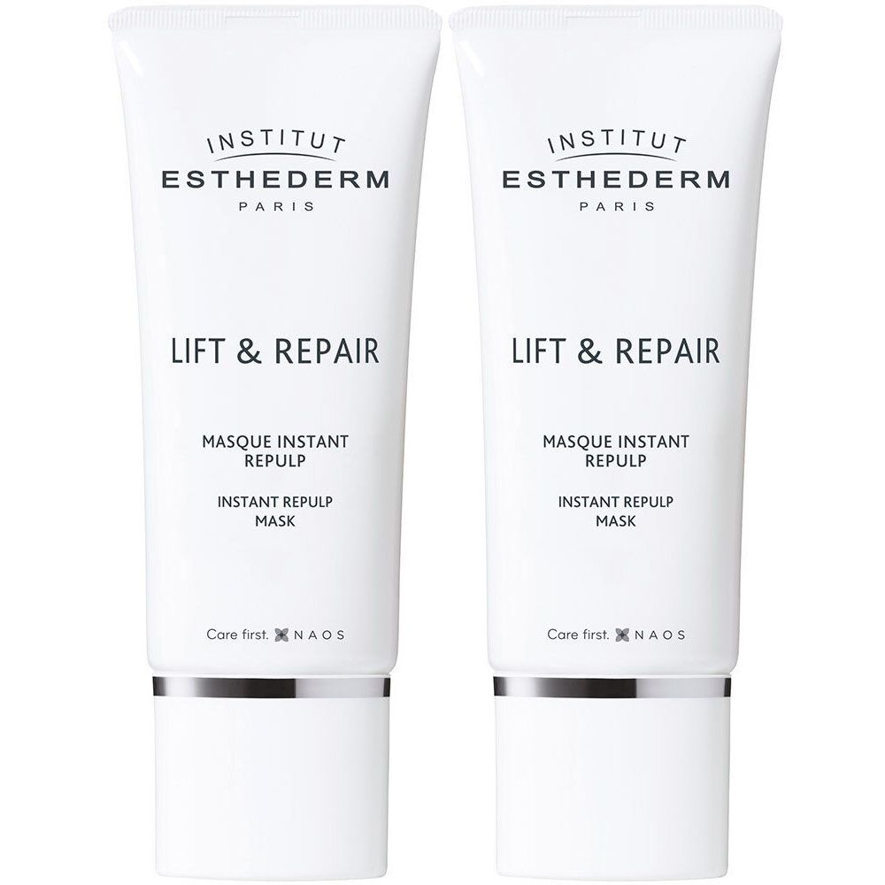 Deux tubes blancs. Inscriptions: INSTITUT ESTHEDERM, LIFT & REPAIR, MASQUE INSTANT REPULP. Base argentée.