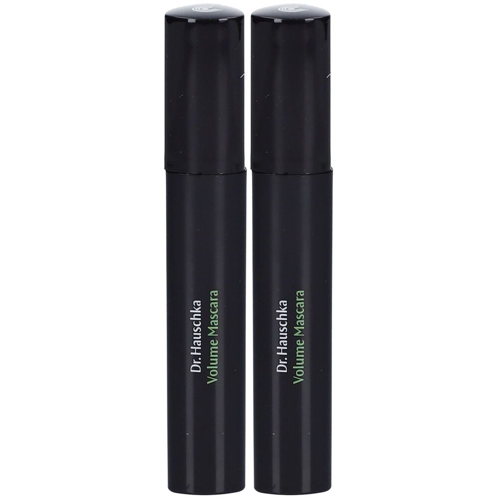 Deux tubes de mascara noirs. Inscription : Dr. Hauschka Volume Mascara.
