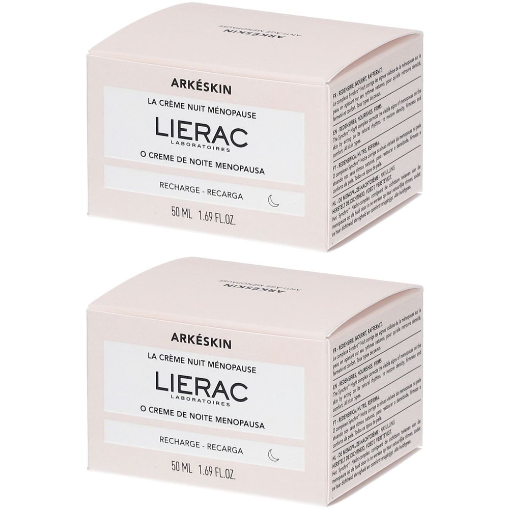 Deux boîtes de produit. Inscriptions: ARKÉSKIN, LA CRÈME NUIT MENOPAUSE, LIERAC. 50 ml. Textes en français, portugais et espagnol.