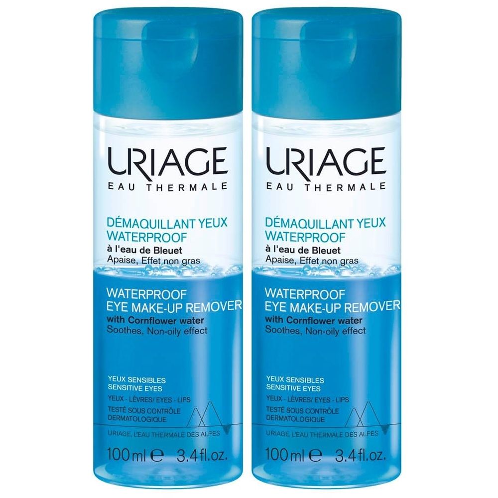 Deux flacons de Démaquillant yeux waterproof Uriage. Flacons bleus avec texte blanc. Contient un démaquillant pour les yeux.
