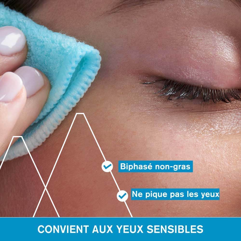Gros plan d'un œil nettoyé avec un tissu bleu. Texte: Biphase non-gras, Ne pique pas les yeux.