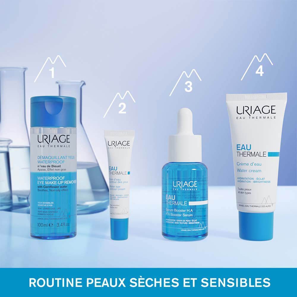 Différents produits Uriage. Texte: Routine peaux sèches et sensibles.