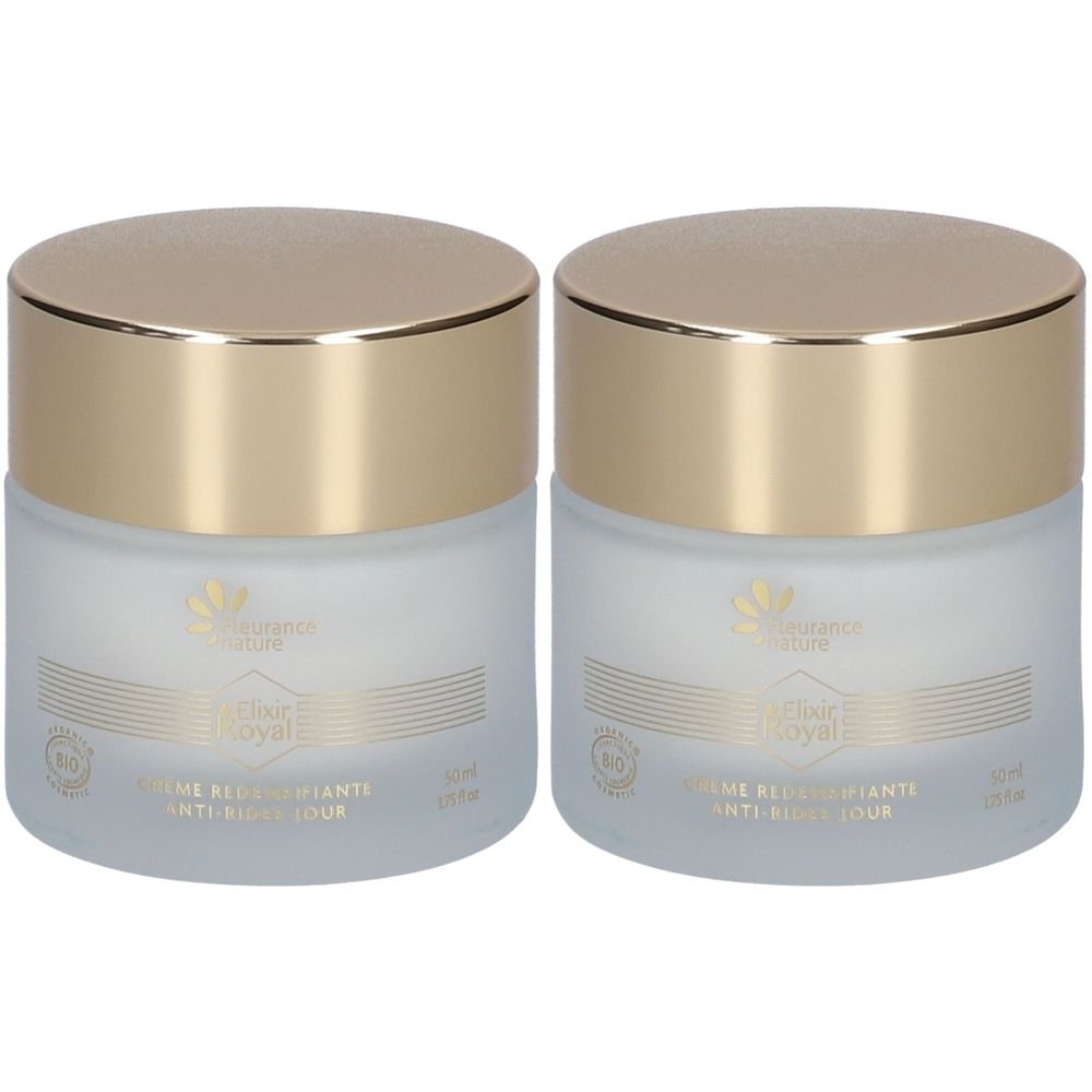 Deux pots avec couvercles dorés. Inscription: Fleurance nature Elixir Royal Crème redensifiante anti-rides de jour Bio.