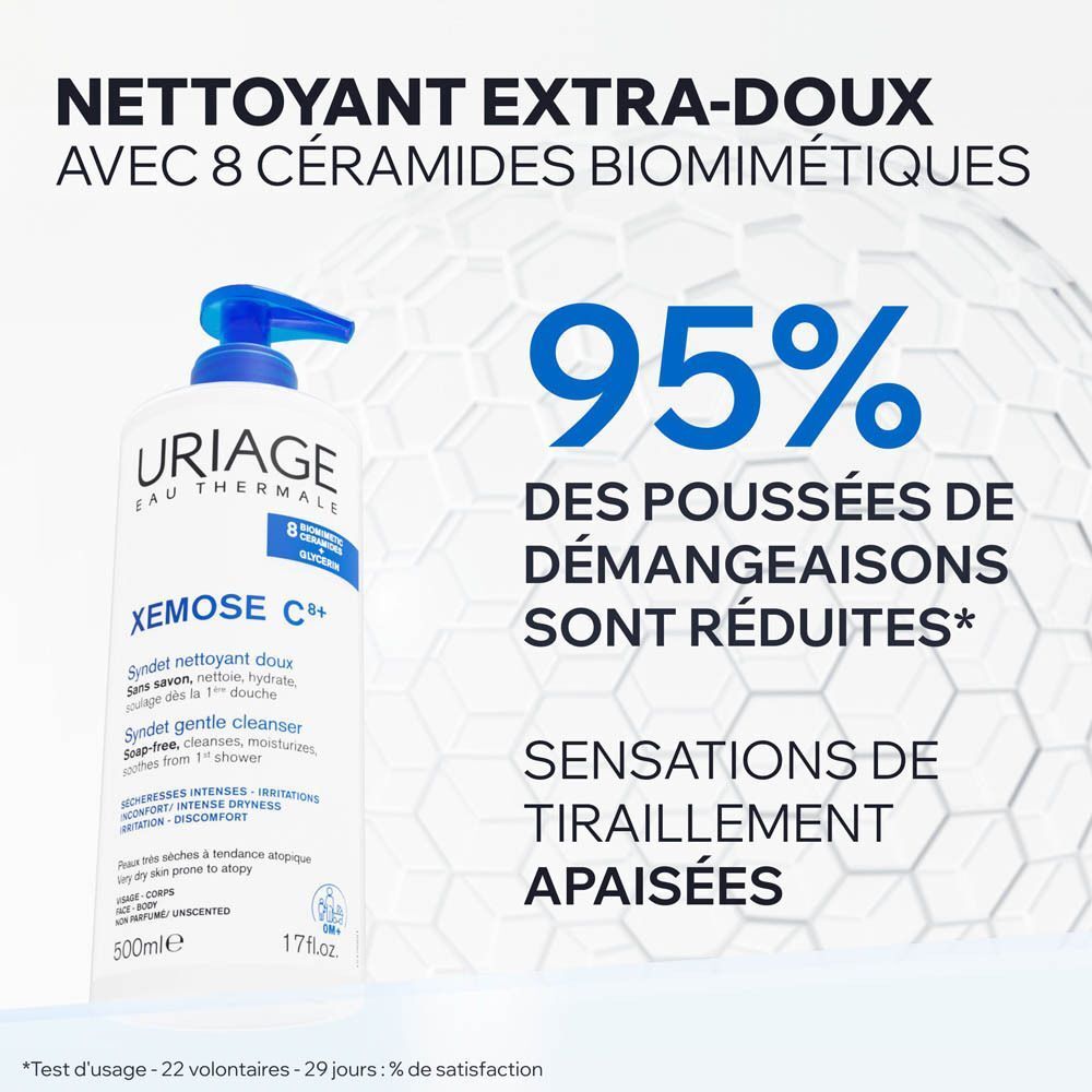 Flacon Uriage Xemose C+ Syndet, bleu et blanc. Texte : 95% de démangeaisons réduites. Nettoyant extra-doux avec 8 céramides biomimétiques.