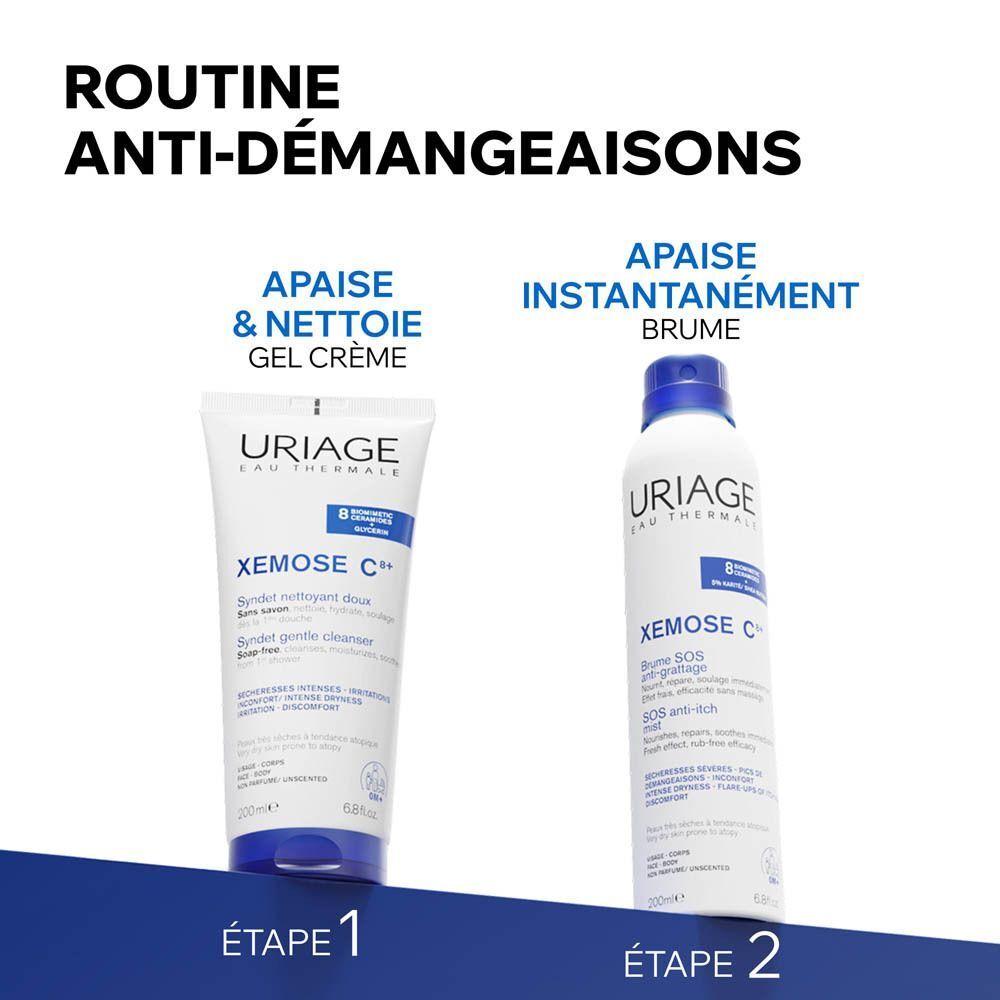 Uriage Xemose C+ Gel Crème et spray. Texte : Routine anti-démangeaisons. Étape 1, Étape 2.