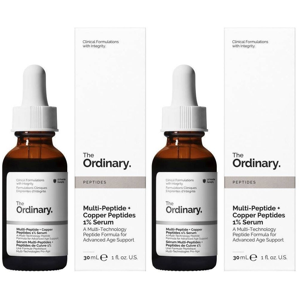 Flacons en verre brun avec pipette et emballage blanc. Inscription : The Ordinary, Multi-Peptide + Copper Peptides 1% Serum.