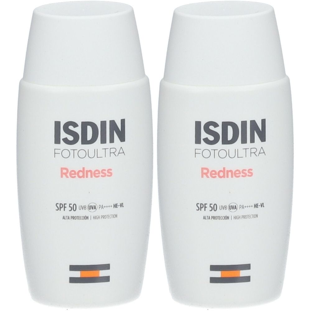 Deux flacons blancs ISDIN Fotoultra Redness SPF 50+. Inscription: Redness, SPF 50, haute protection. En bas, un rectangle horizontal orange.