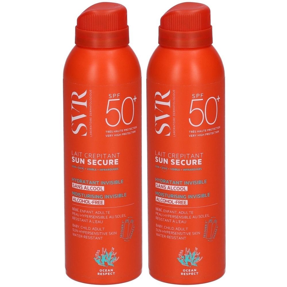 Deux sprays oranges avec bouchon rouge. Inscription : SVR, SPF 50+, SUN SECURE, hydratant invisible, sans alcool.