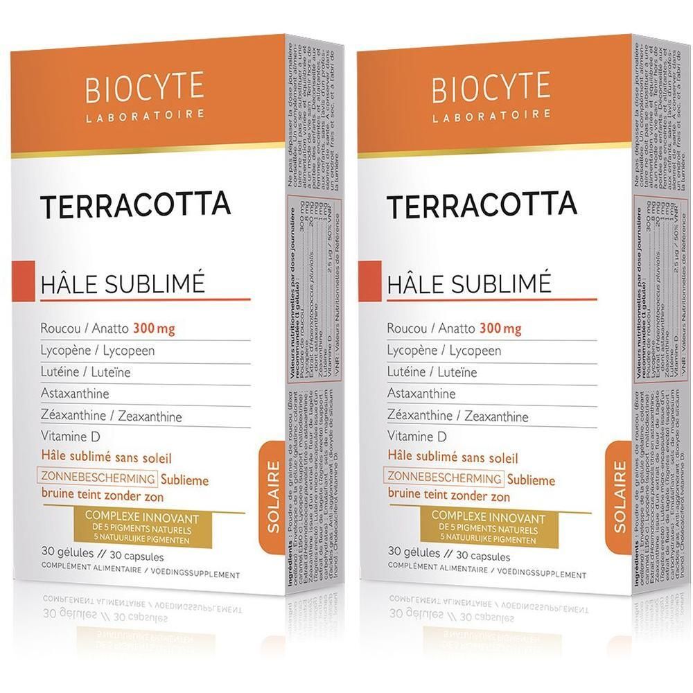 Deux boîtes de Biocyte Terracotta Cocktail Hâle Sublime, 30 gélules par boîte, avec liste des ingrédients.