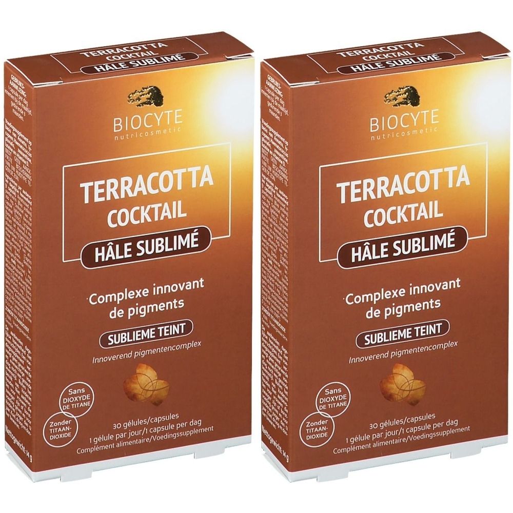 Deux boîtes rectangulaires "TERRACOTTA COCKTAIL HÂLE SUBLIMÉ". Marque BIOCYTE. Contient 30 gélules. Sans dioxyde de titane.