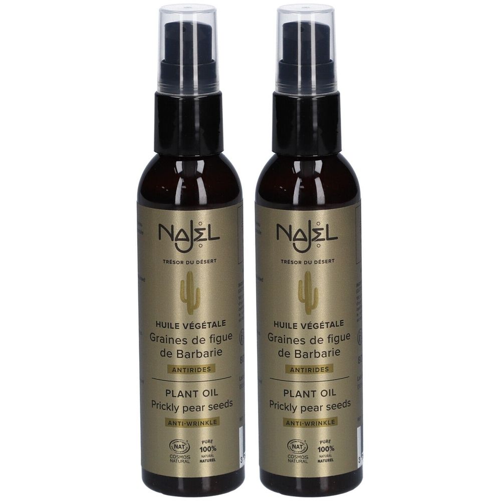 Deux flacons bruns avec vaporisateur. Étiquettes avec "NAJEL", "Huile Végétale", "Graines de figue de Barbarie" et "Plant Oil".