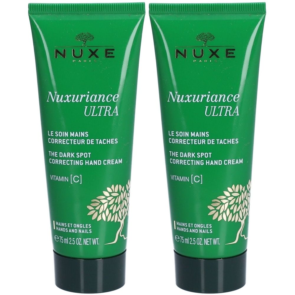 Deux tubes verts de crème pour les mains NUXE Nuxuriance Ultra. Texte : Le Soin Mains Correcteur de Taches, The Dark Spot Correcting Hand Cream, Vitamine C.