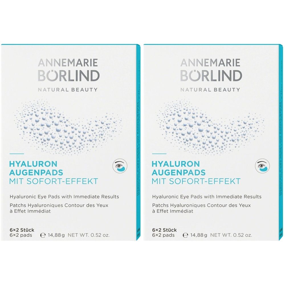 Deux boîtes de patchs pour les yeux. Inscription : ANNEMARIE BÖRLIND, HYALURON AUGENPADS MIT SOFORT-EFFEKT. 6x2 pads.