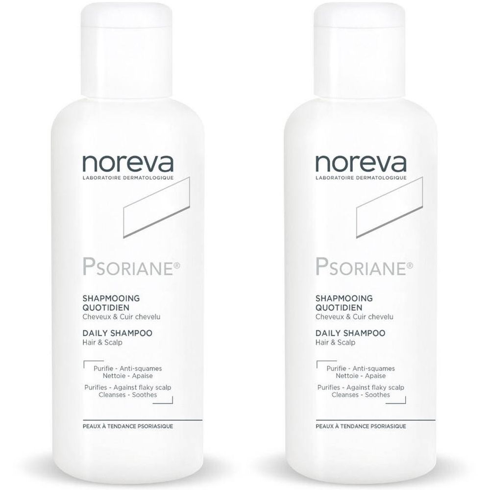 Deux flacons blancs de shampooing. Sur chaque flacon, "noreva" et "Psoriane". Texte : "Shampooing Quotidien", "Daily Shampoo", "Hair & Scalp".