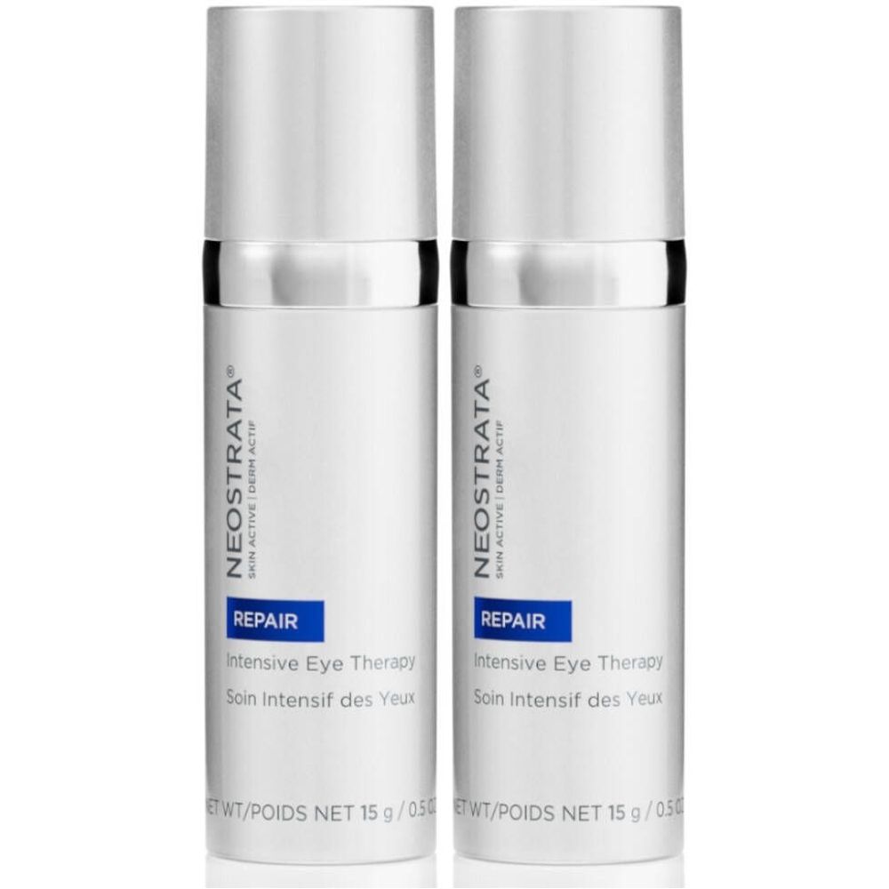 Deux flacons blancs avec bouchons argentés. Inscription: NEOSTRATA, REPAIR, Intensive Eye Therapy. Poids net 15 g.