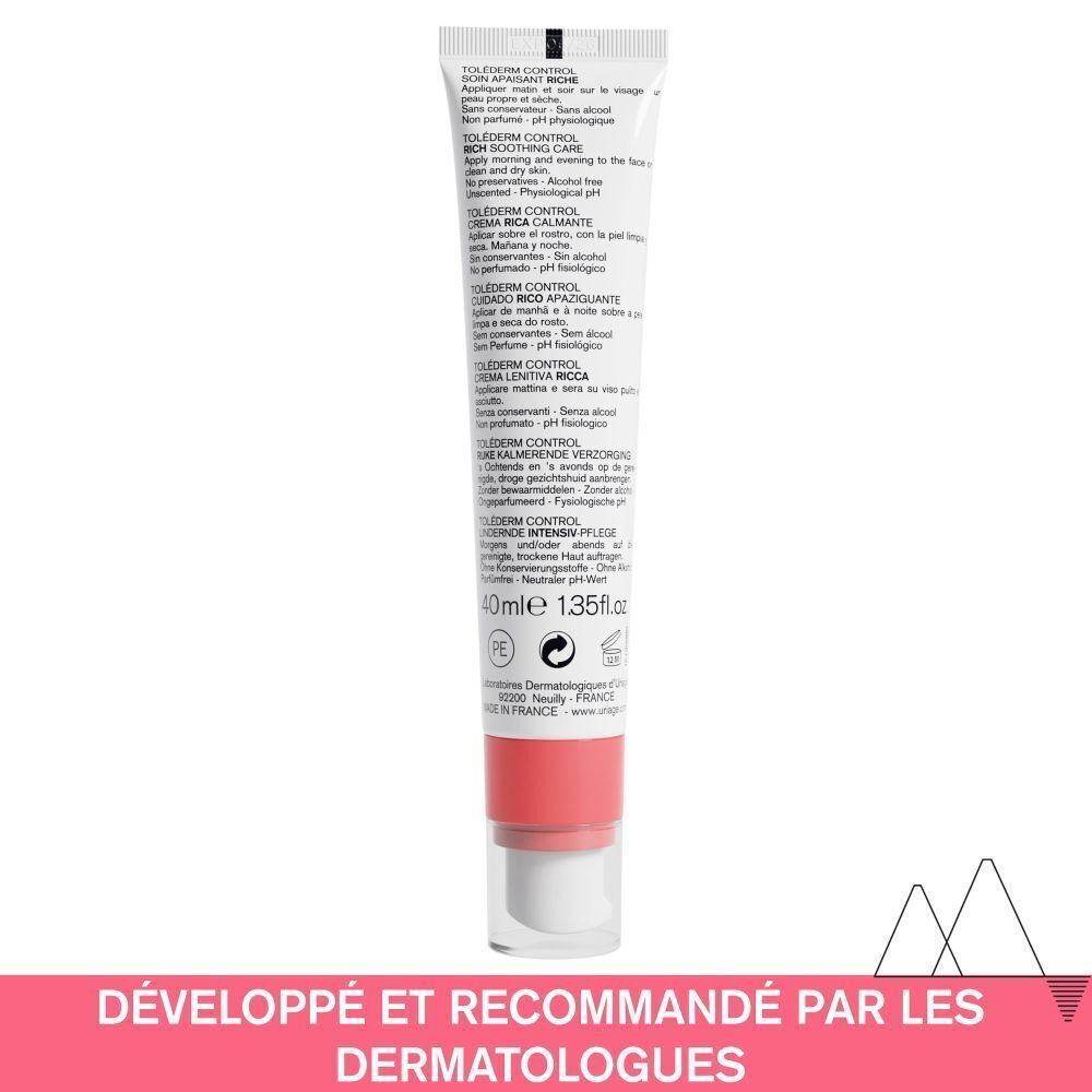 Dos du tube. Texte : Toléderm CONTROL, 40ml, développé et recommandé par les dermatologues.