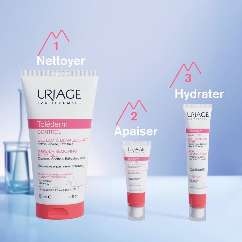 Trois produits. Texte : Nettoyer, Apaiser, Hydrater. Uriage Toléderm CONTROL.