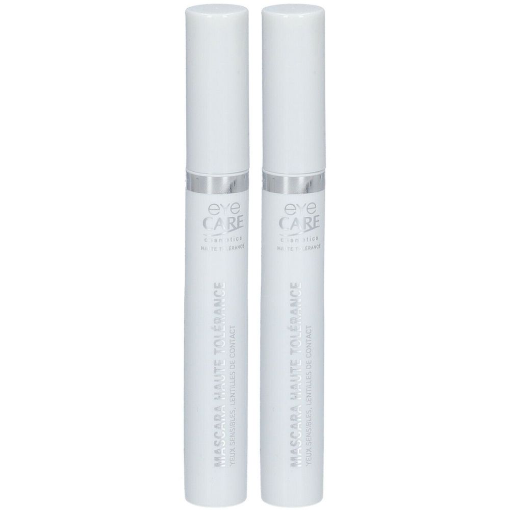 Deux tubes de mascara blancs avec des accents argentés. Inscription : eye CARE, Mascara Haute Tolérance.