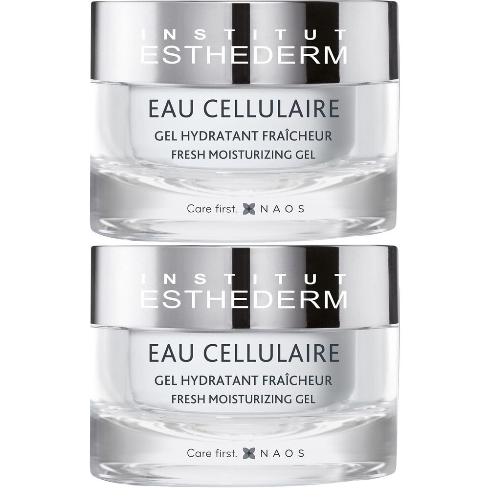 Deux pots transparents avec couvercles argentés. Inscription: Institut Esthederm, Eau Cellulaire, Gel Hydratant Fraîcheur, Fresh Moisturizing Gel.