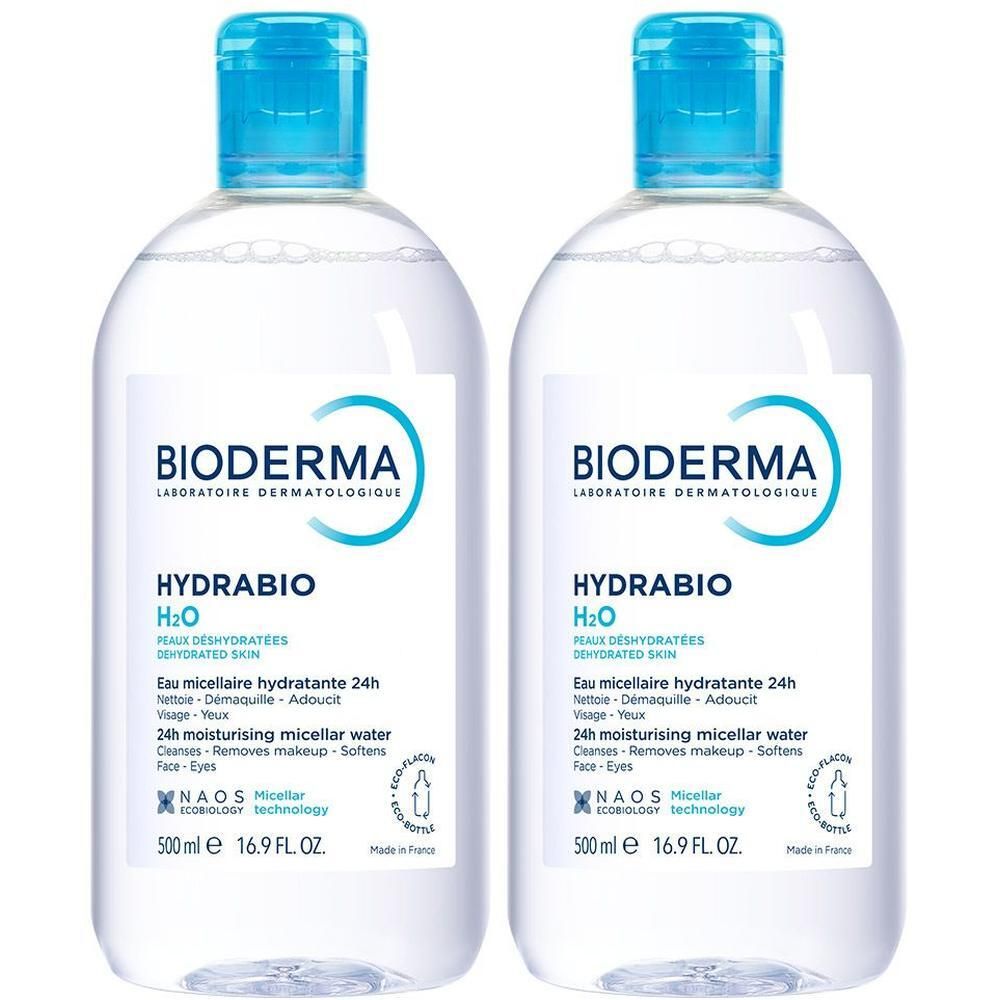 Deux flacons avec bouchon bleu. Inscription: BIODERMA, Hydrabio H2O. Pour peaux sensibles. 500 ml.