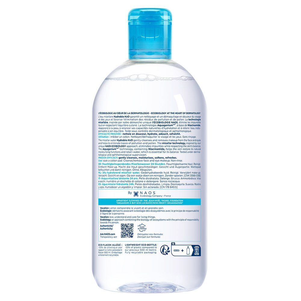 Dos d'un flacon avec bouchon bleu. Inscription: BIODERMA, Hydrabio H2O. Texte en plusieurs langues.