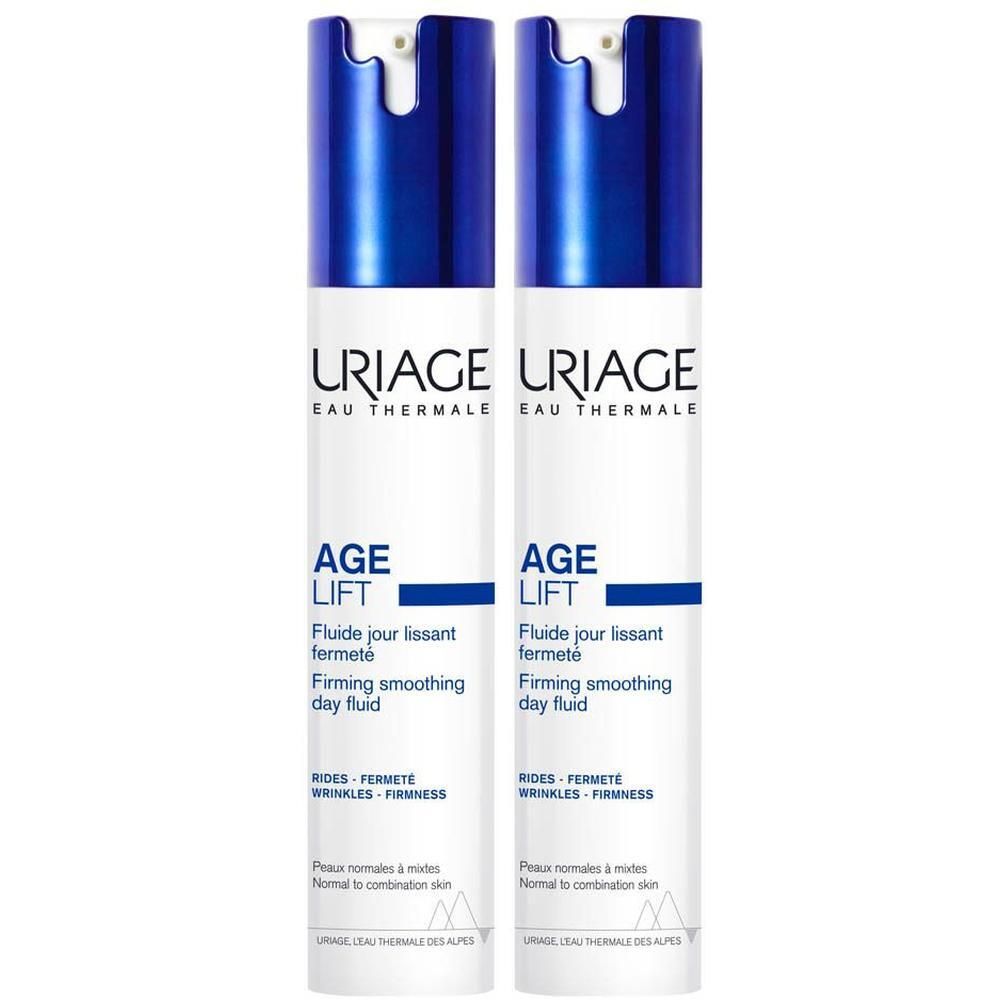 Deux flacons Uriage Age Lift Fluide Jour Lissant Fermeté. Flacons blancs avec bouchon bleu. Texte sur le flacon.