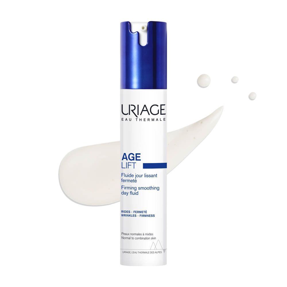 Un flacon Uriage Age Lift Fluide Jour Lissant Fermeté. Flacon blanc avec bouchon bleu. Produit et crème.