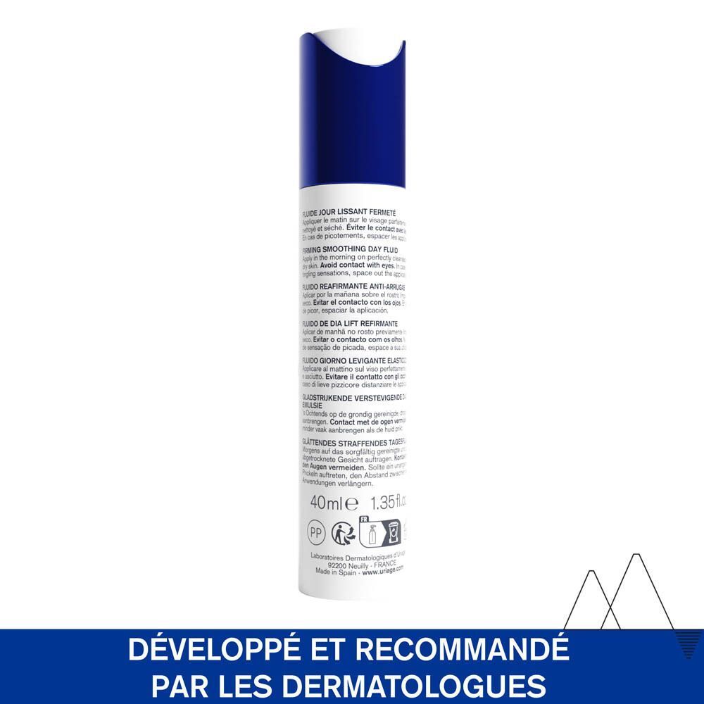 Dos du flacon Uriage Age Lift Fluide Jour Lissant Fermeté. Texte et informations.