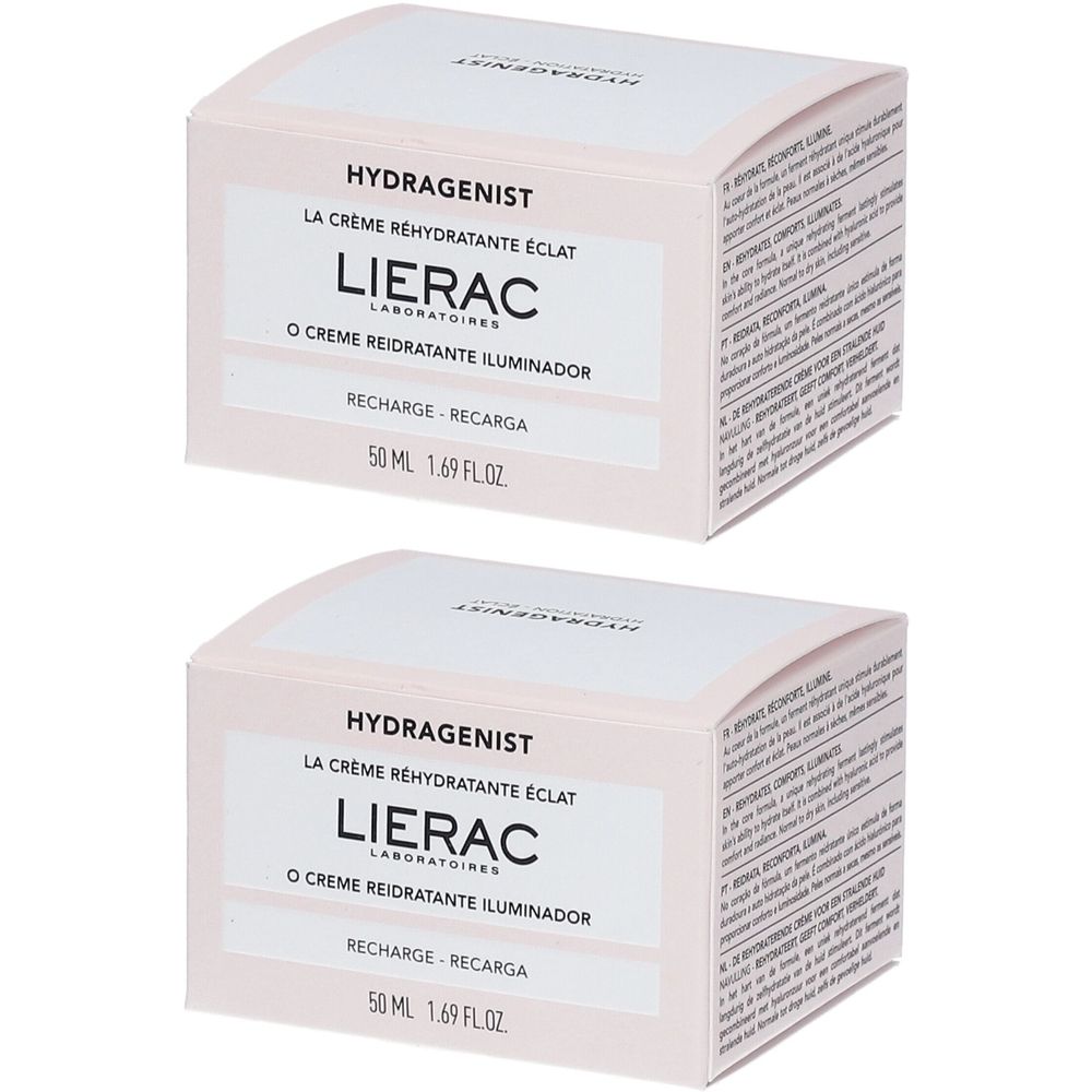 Deux boîtes de crème. Inscriptions: HYDRAGENIST, LIERAC, La Crème Réhydratante Éclat, 50 ml.