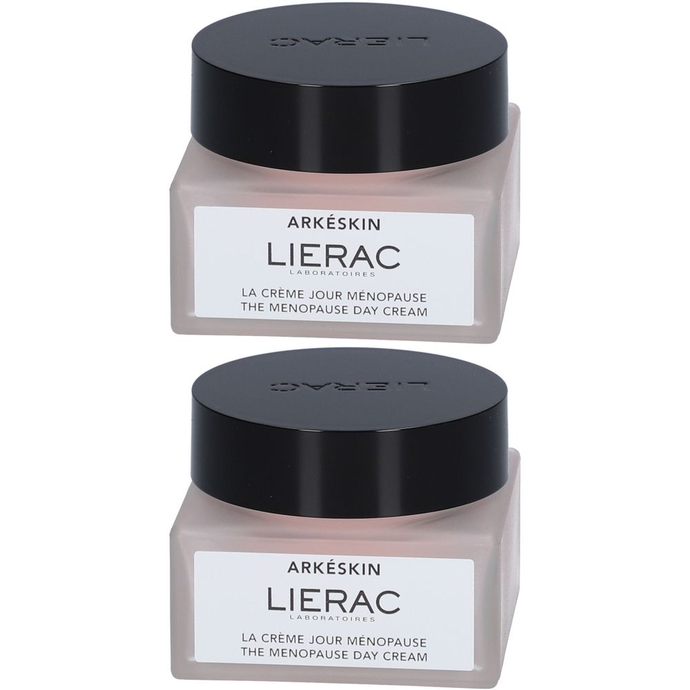 Deux pots de crème de jour ménopause LIERAC Arkéskin. Verre rose, couvercle noir. Inscription : Arkéskin, LIERAC, La crème jour ménopause.