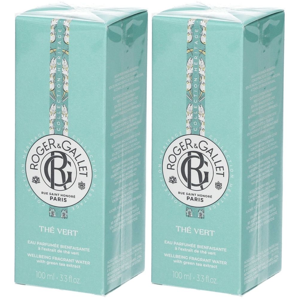 Deux boîtes rectangulaires turquoise clair. Inscription : Roger & Gallet, Thé Vert. Texte : Eau Parfumée Bienfaisante, 100 ml.
