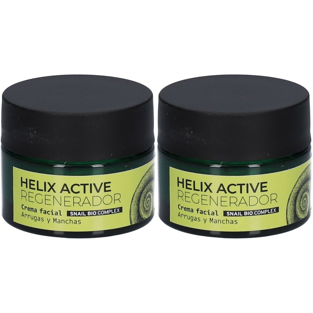 Deux pots avec couvercles noirs et étiquettes vertes. L'étiquette indique "HELIX ACTIVE REGENERADOR" et "SNAIL BIO COMPLEX".