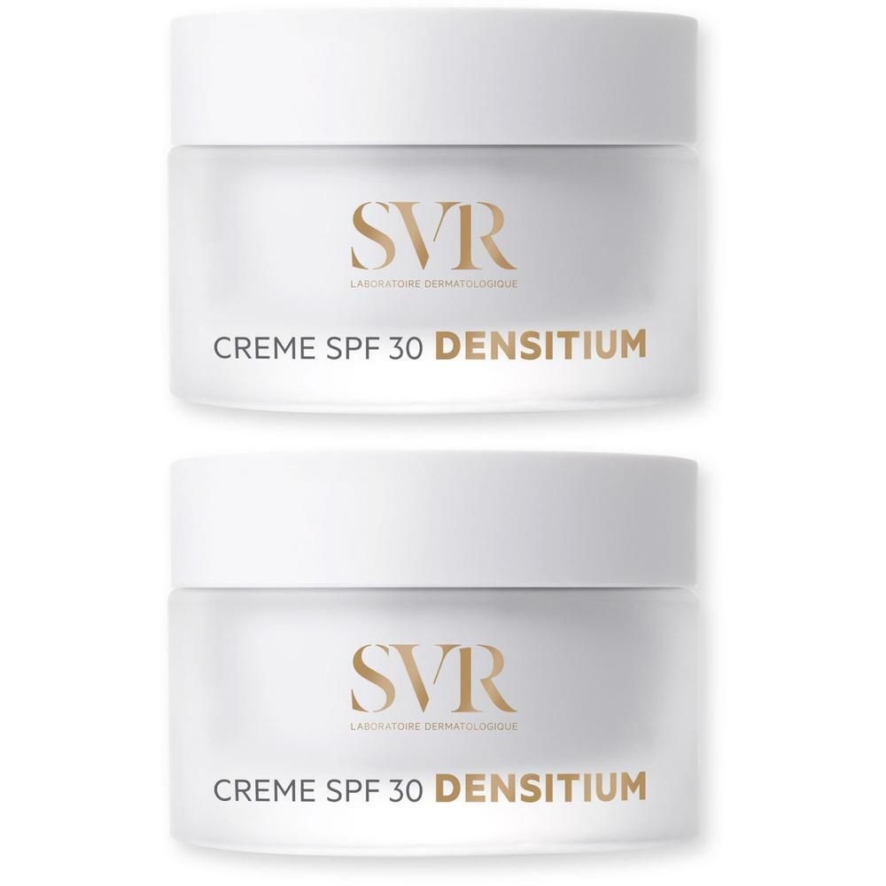 Deux pots de crème SVR SPF 30 DENSITIUM. Couvercles blancs, pots transparents. Inscription dorée SVR et nom du produit.