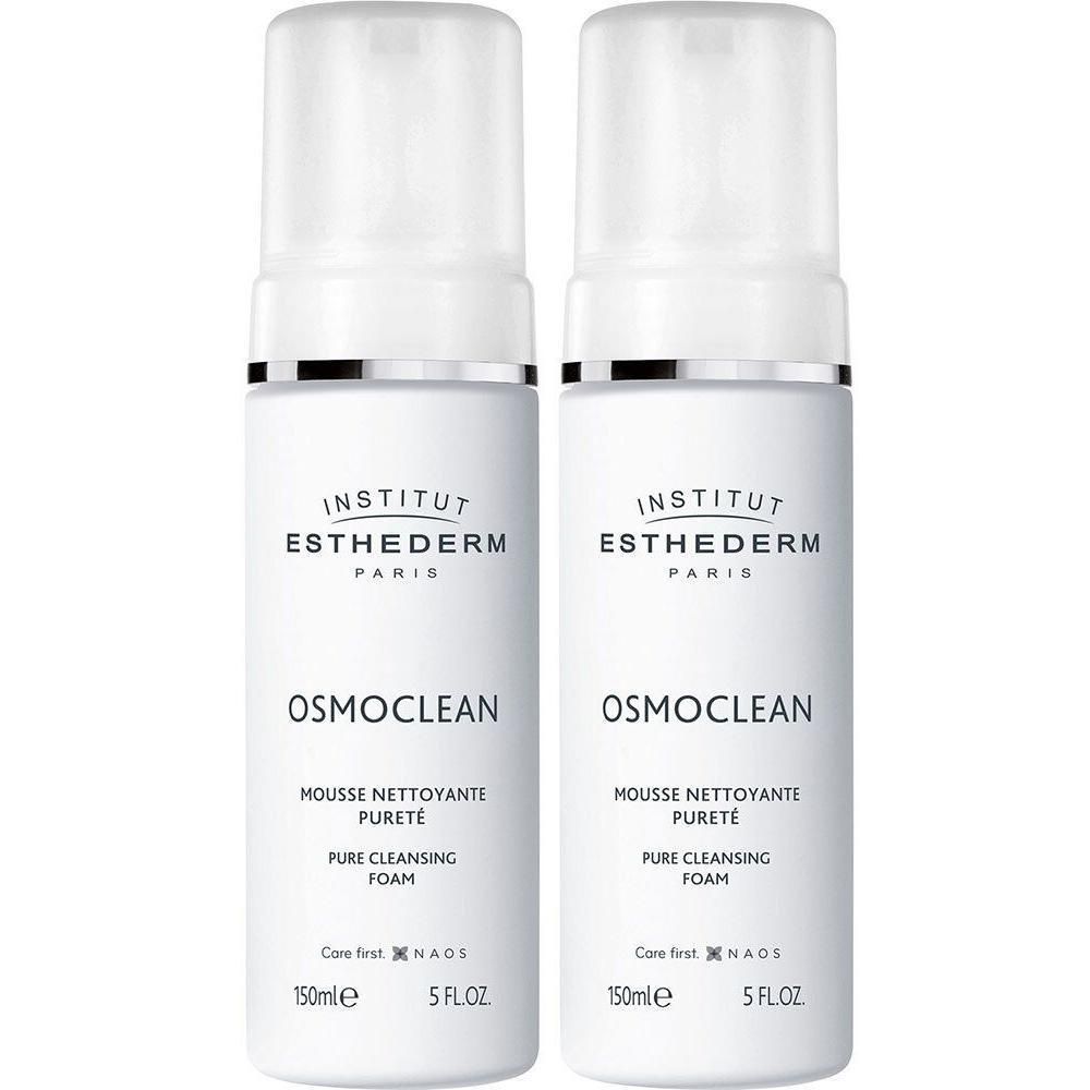 Deux flacons blancs avec pompe. Inscription: INSTITUT ESTHEDERM PARIS, OSMOCLEAN, Mousse nettoyante pureté, Pure cleansing foam.