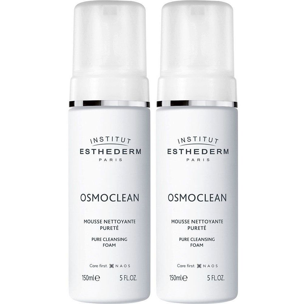 Deux flacons blancs avec vaporisateur. Inscriptions: INSTITUT ESTHEDERM, OSMOCLEAN, MOUSSE NETTOYANTE PURETÉ, PURE CLEANSING FOAM.
