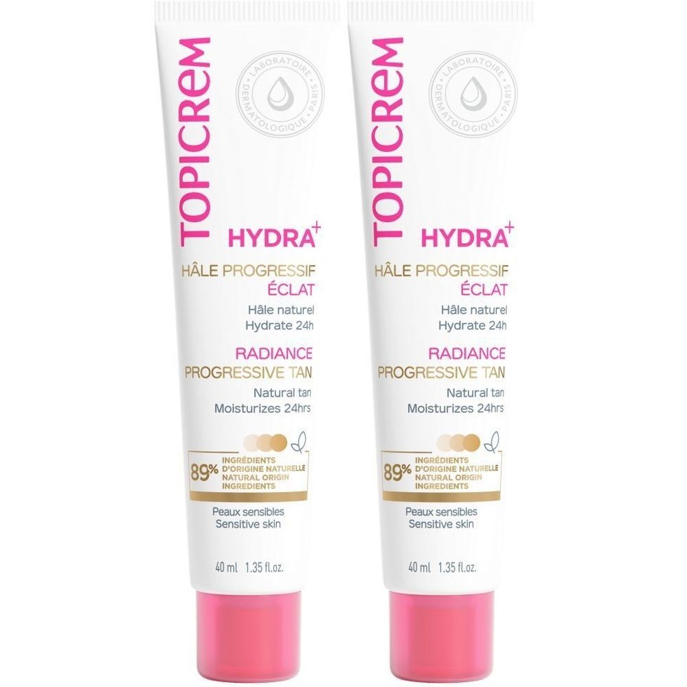 Deux tubes de TOPICREM Hydra+ Hâle Progressif Éclat. Tubes blancs avec bouchon rose. Texte : Radiance Progressive Tan.