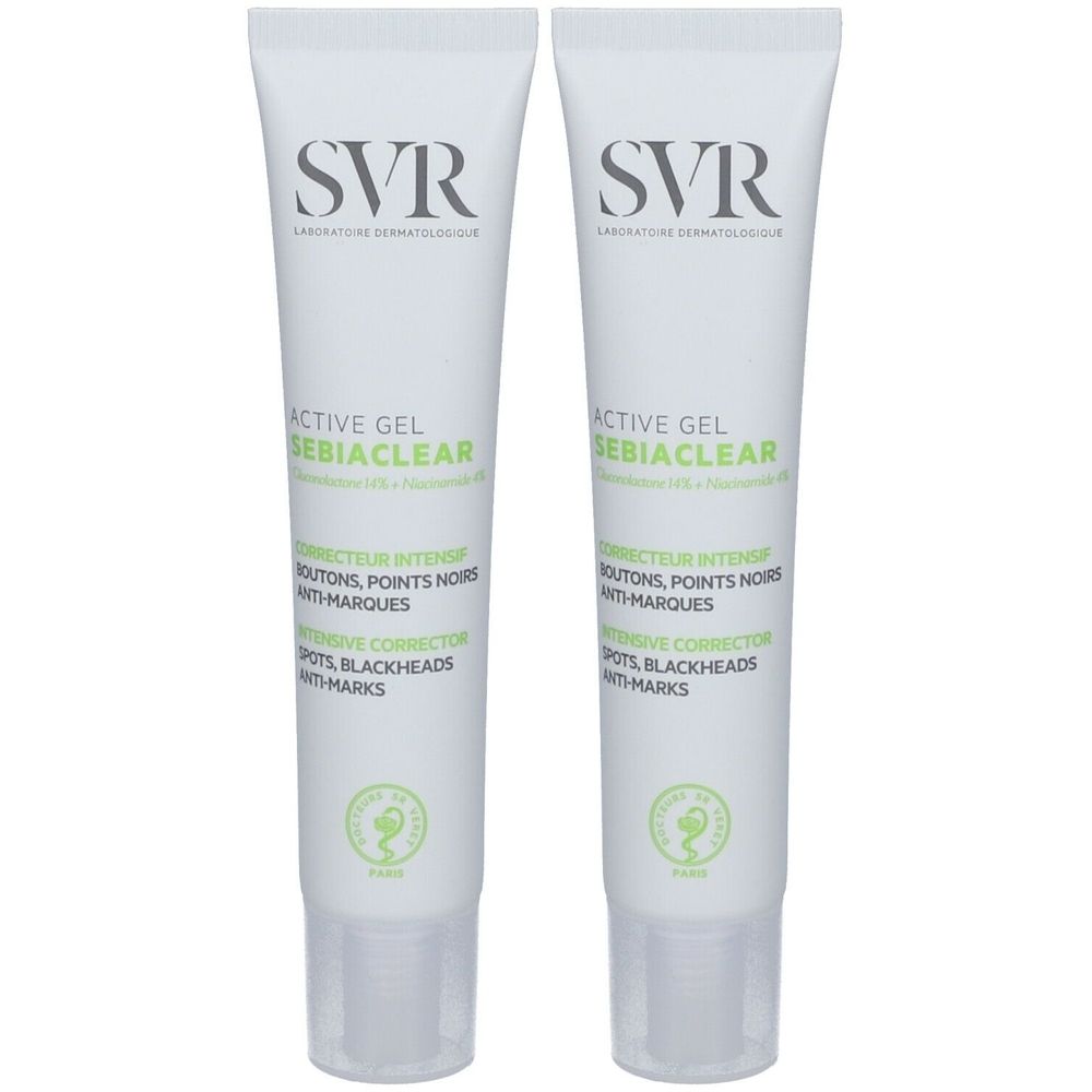 Deux tubes de SVR SEBIACLEAR Active Gel. Tubes blancs avec texte vert et gris. Texte : Correcteur intensif boutons, points noirs, anti-marques.