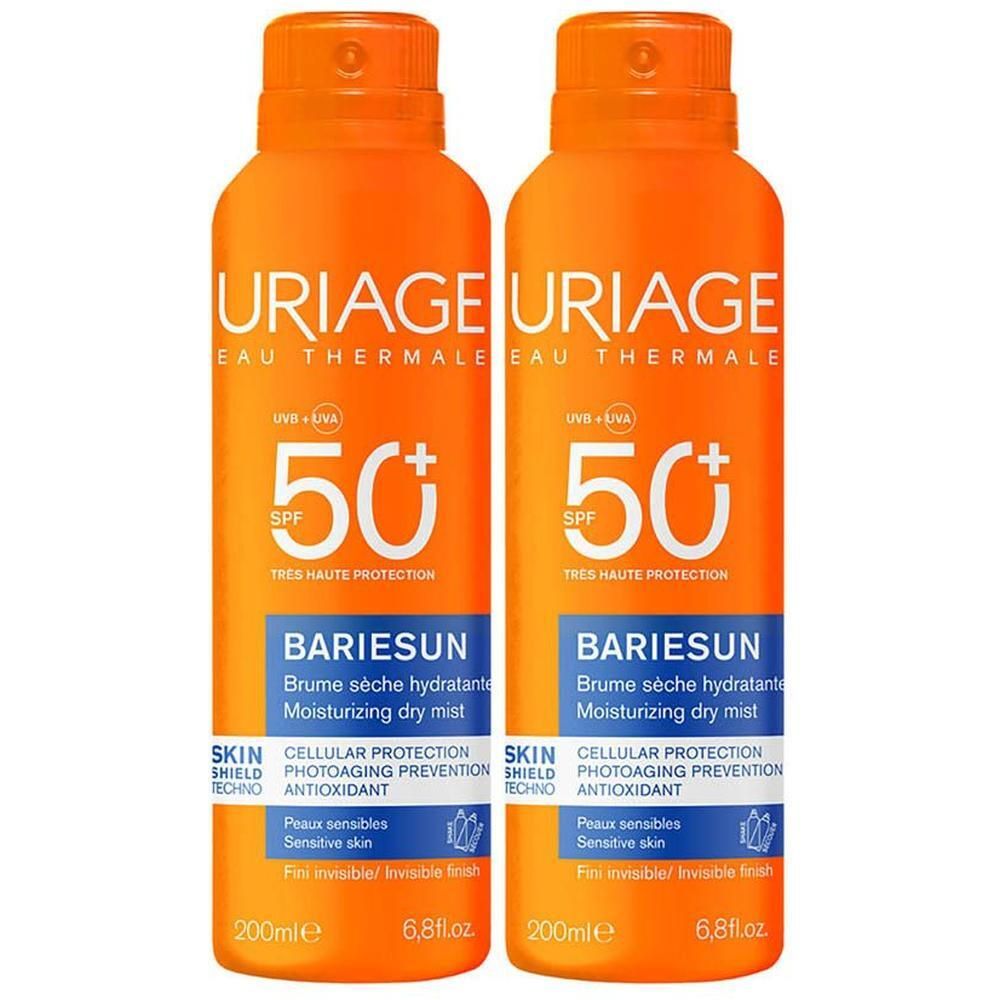 Deux sprays Uriage Bariésun SPF50+ orange. Texte et SPF 50+. Écriture noire.