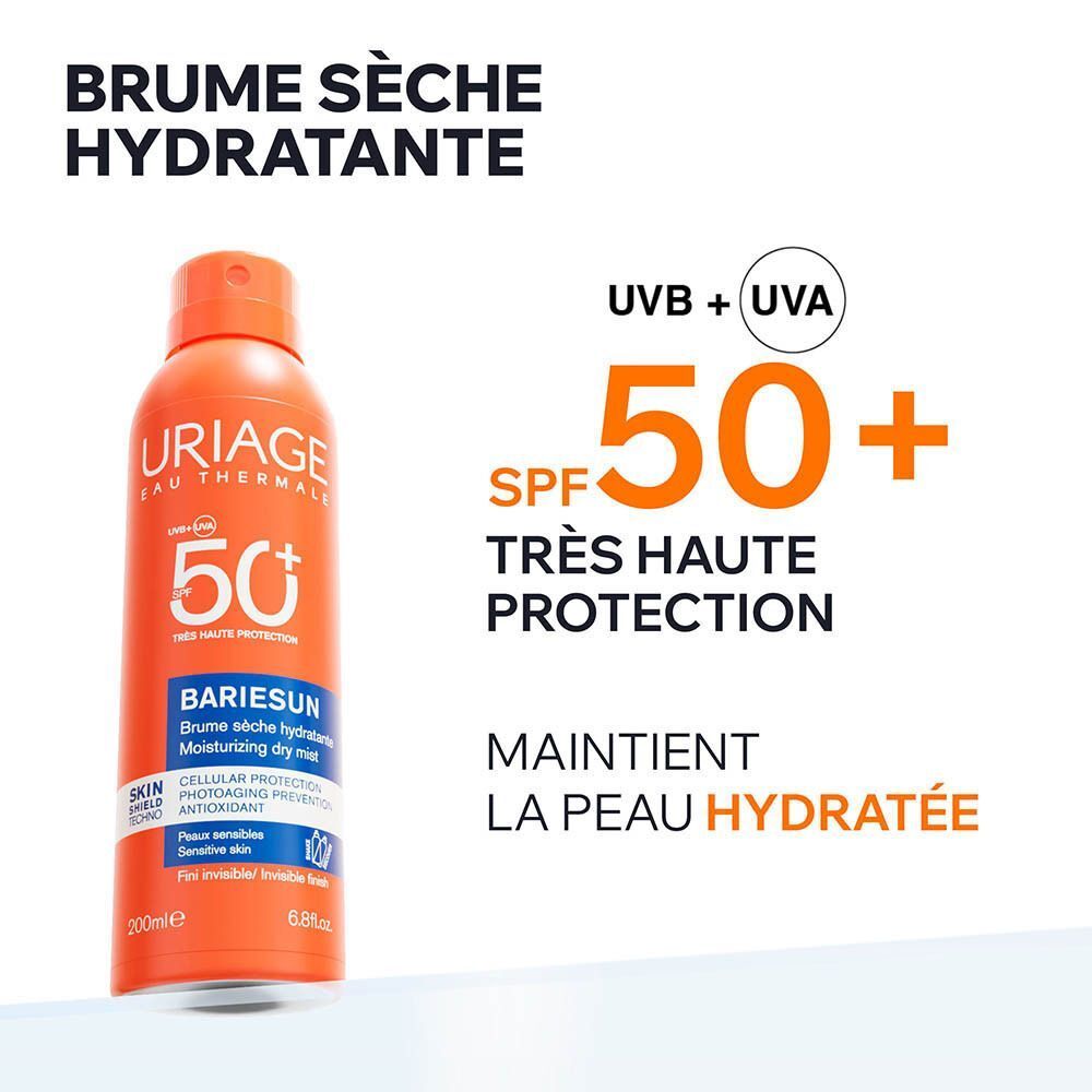 Spray Uriage Bariésun SPF50+. Flacon orange. Texte, SPF 50+ et nom du produit.