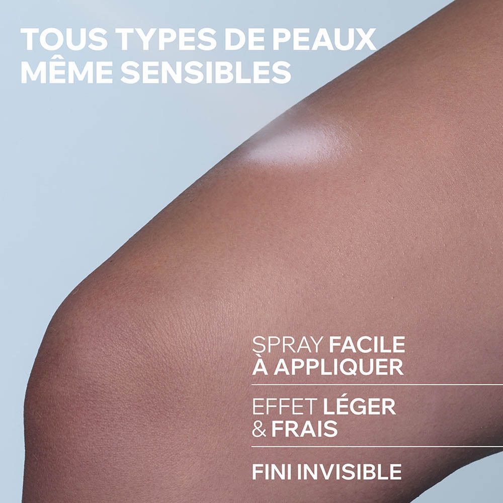 Jambe avec peau claire. Texte : Spray, effet léger, fini invisible.