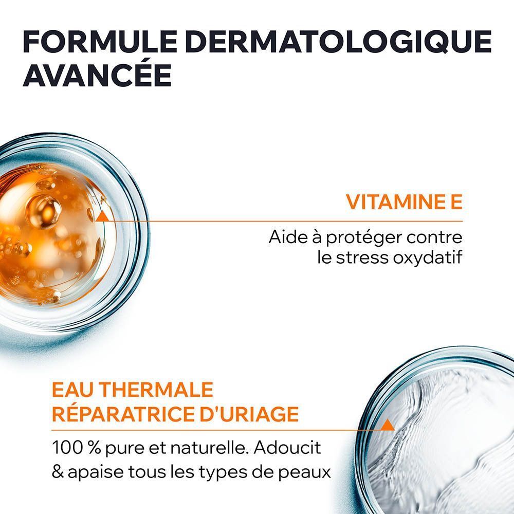 Gros plan sur des liquides. Texte : Vitamine E, Eau Thermale Uriage.