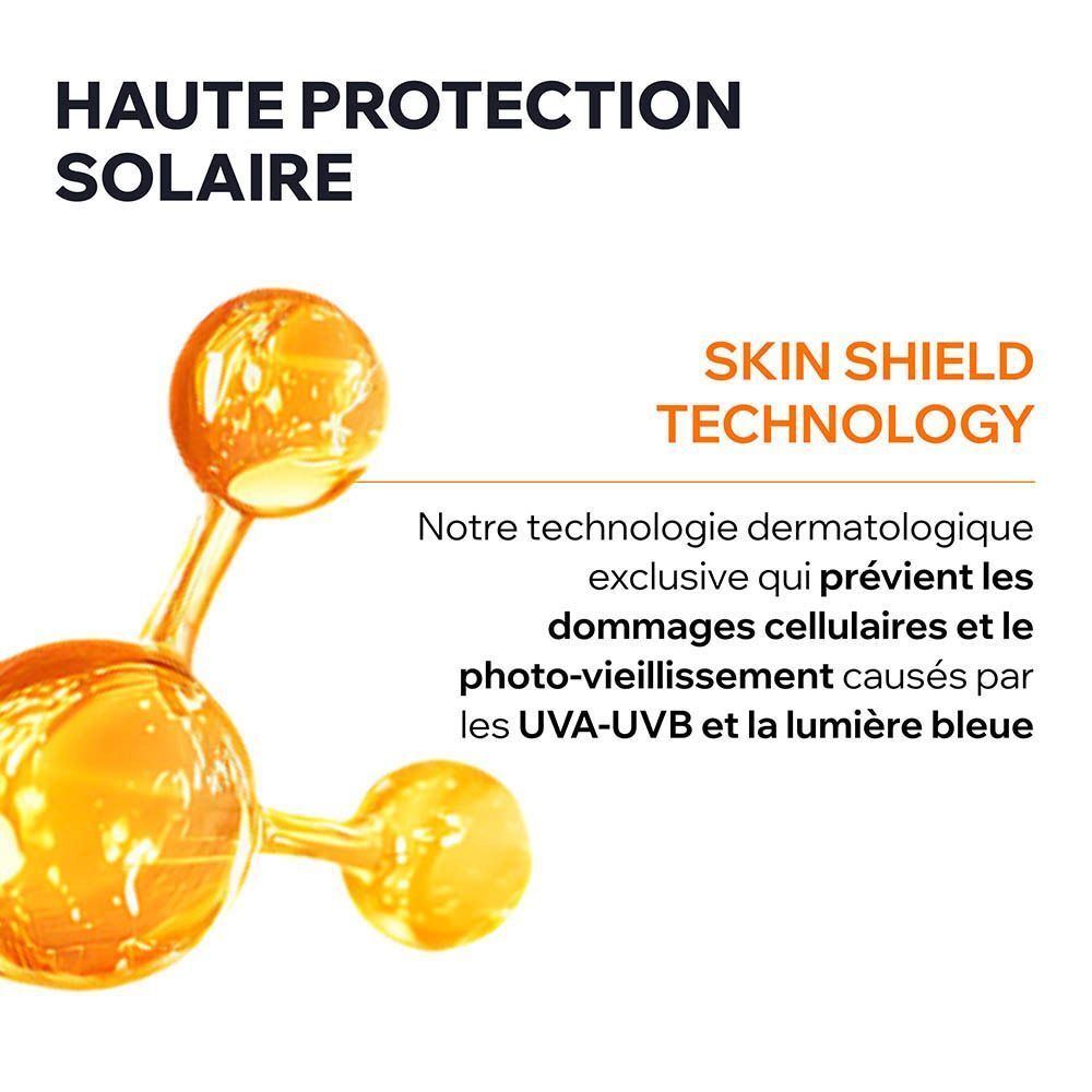 Structure moléculaire. Texte : Technologie Skin Shield, UVA-UVB et lumière bleue.