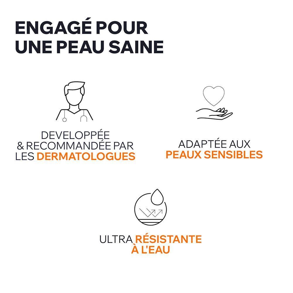 Symboles : médecin, cœur, goutte d'eau. Texte : Développé par dermatologues, peau sensible.