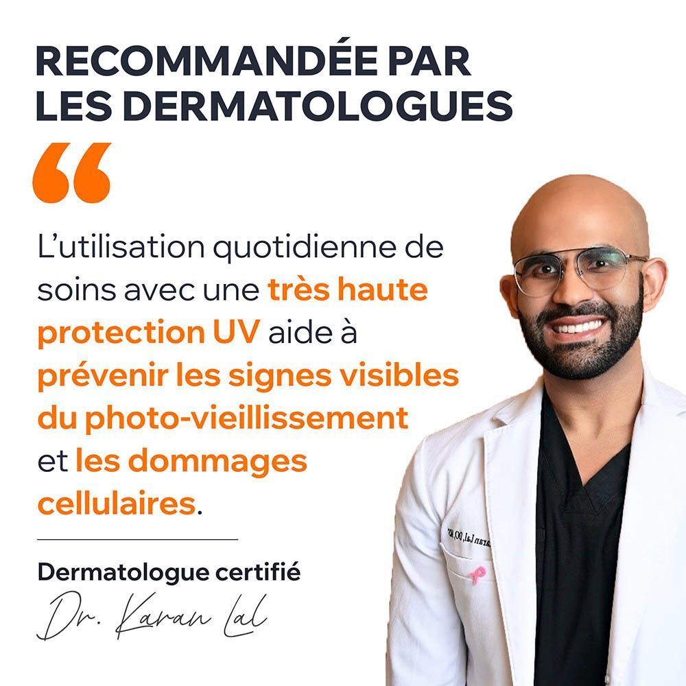 Médecin avec texte. Texte : Dermatologue recommande, utilisation quotidienne, protection UV.