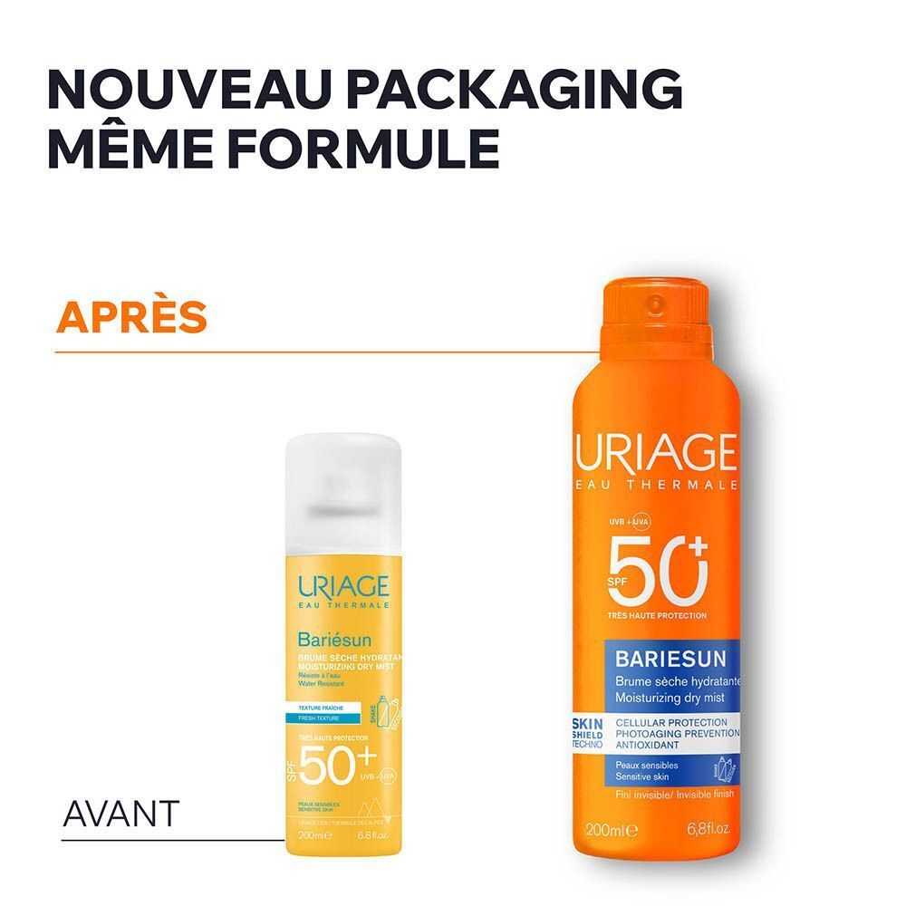 Comparaison avant-après. Spray Uriage Bariésun. Nouvel emballage, même formule.