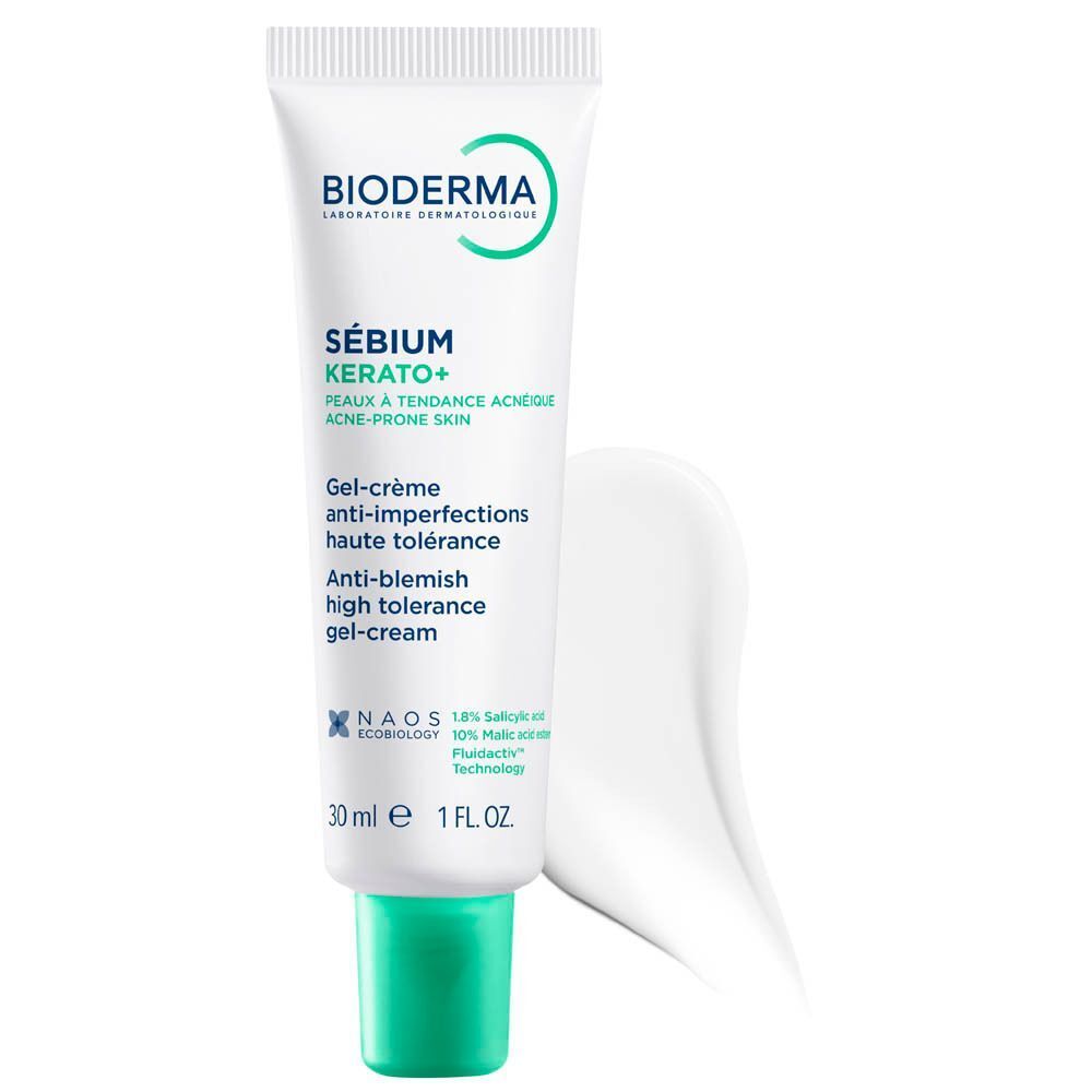 Un tube de Bioderma Sébium Kerato+ Gel-Crème. Tube blanc, écriture verte et bouchon vert. 30 ml. Trace de gel-crème.