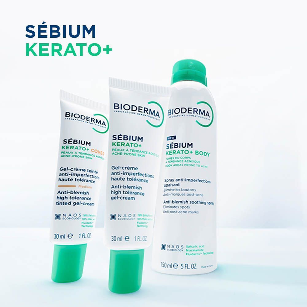 Trois produits Bioderma : Sébium Kerato+ Gel-Crème, Sébium Kerato+ Cover, Sébium Kerato+ Body. Tubes et flacon blancs.